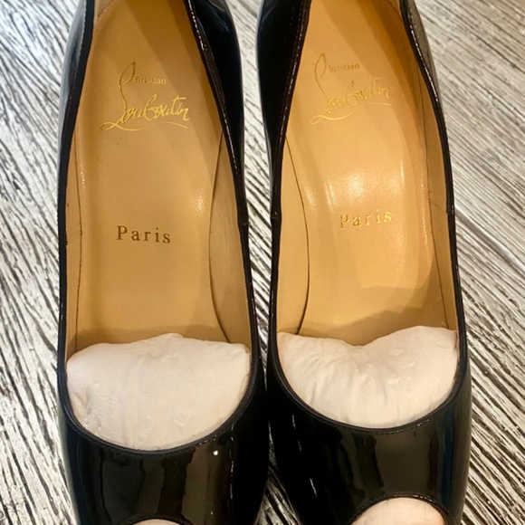 AUTHENTIC CHRISTIAN LOUBOUTIN NEW VERY PRIVE 120 BLACK PATENT HEELS OPEN TOE - Picture 9 of 16